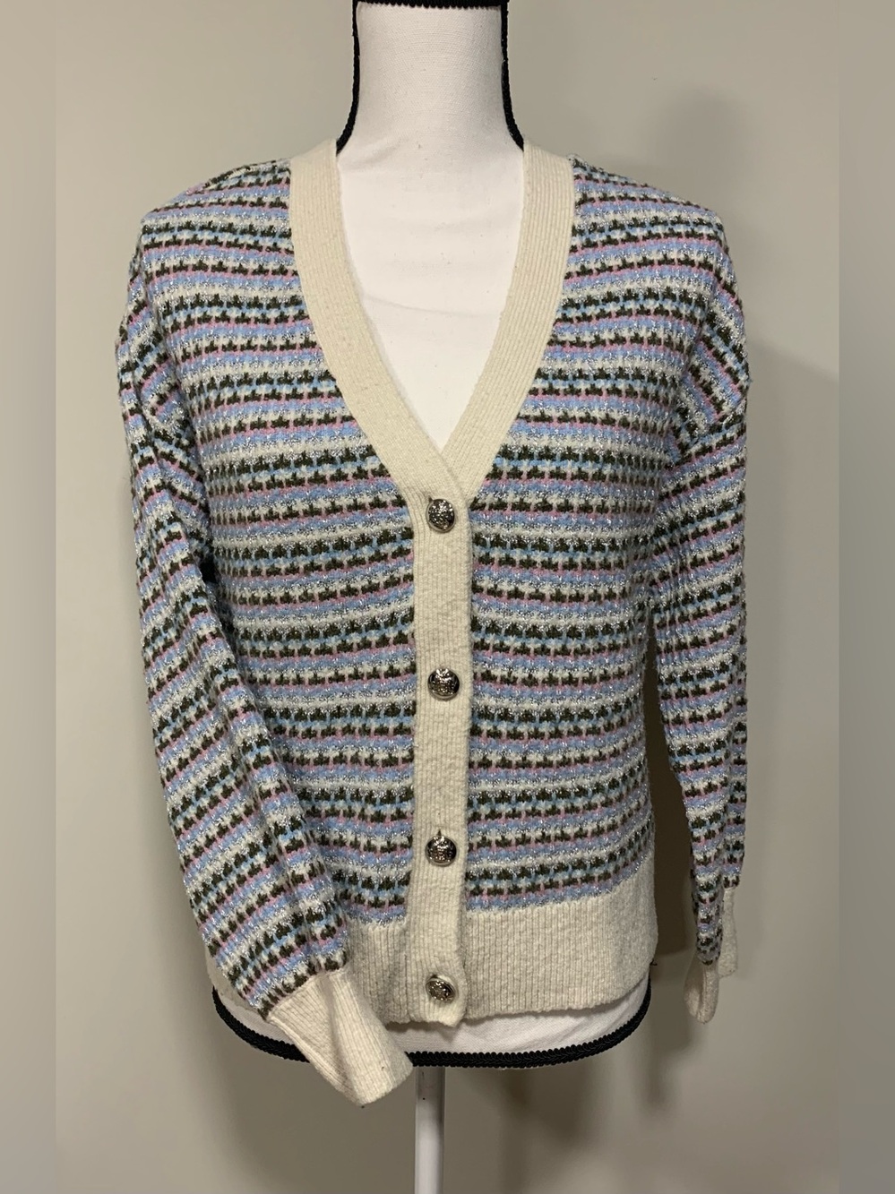 Talbots Striped Metallic Knit V-Neck Button Front Cardigan Sweater Size M Petite